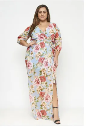 Blue Floral Chiffon Plus Size Maxi Dress