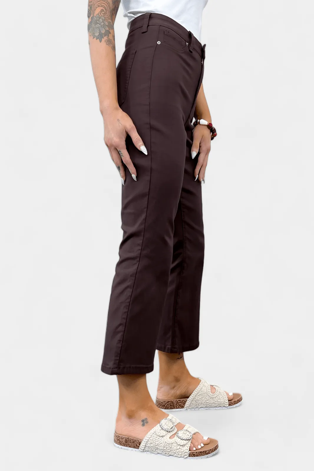 Brown Hyperstretch Cropped Flare Pants