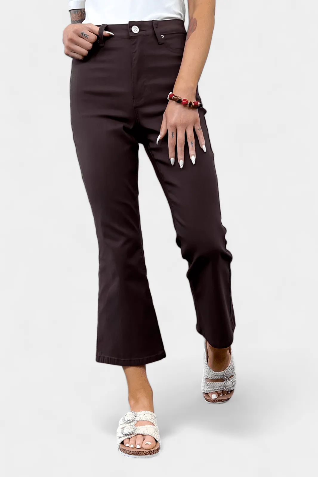 Brown Hyperstretch Cropped Flare Pants