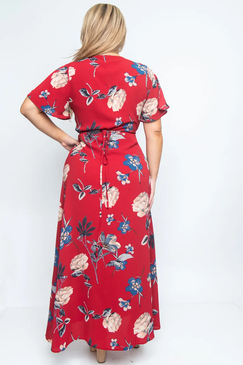 Burgundy Red Floral Wrap Plus Size Maxi Dress