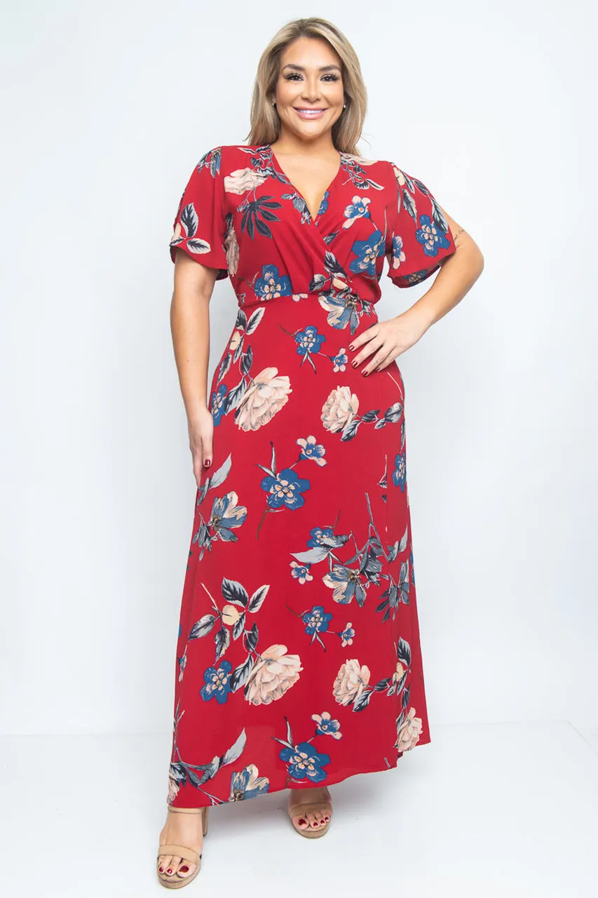 Burgundy Red Floral Wrap Plus Size Maxi Dress