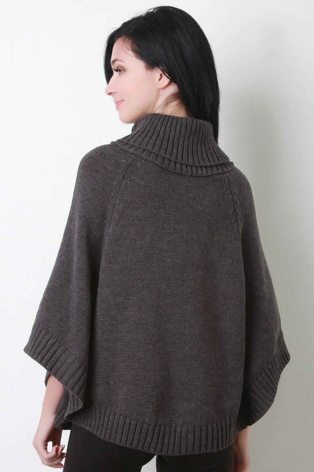 Button Ribbed Knit Turtleneck Poncho