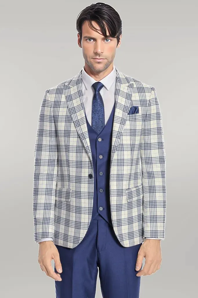 Checked Slim Fit Navy Blue Men Suit - Wessi