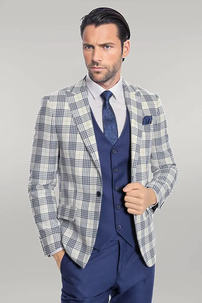 Checked Slim Fit Navy Blue Men Suit - Wessi