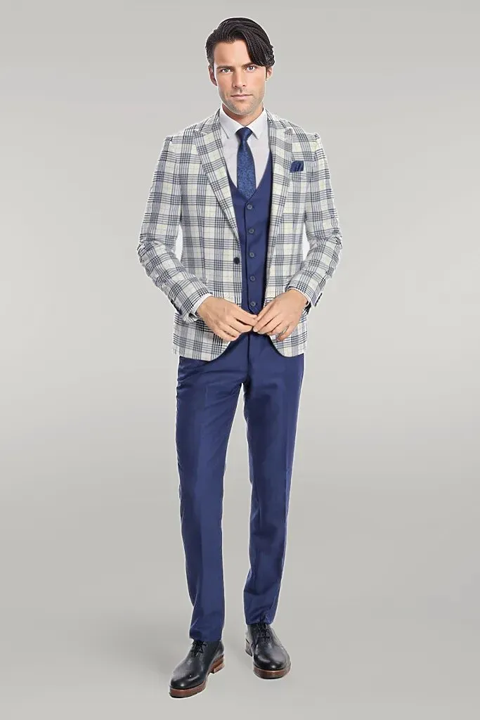 Checked Slim Fit Navy Blue Men Suit - Wessi