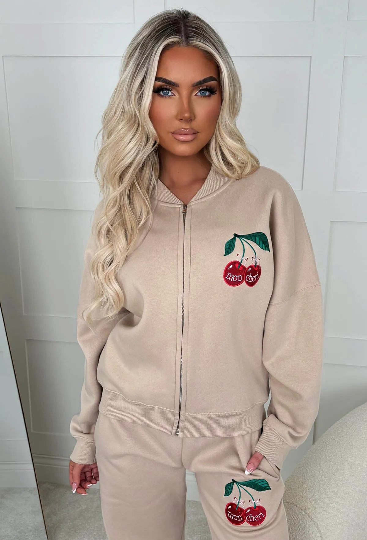 Cherie Beige Cherry Embroidered Loungewear Set