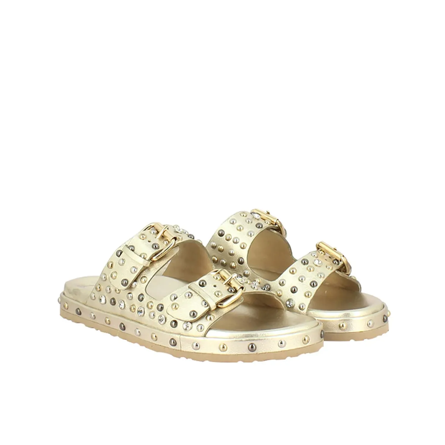 Chloe Studded Double Buckle Platin Leather Sandal