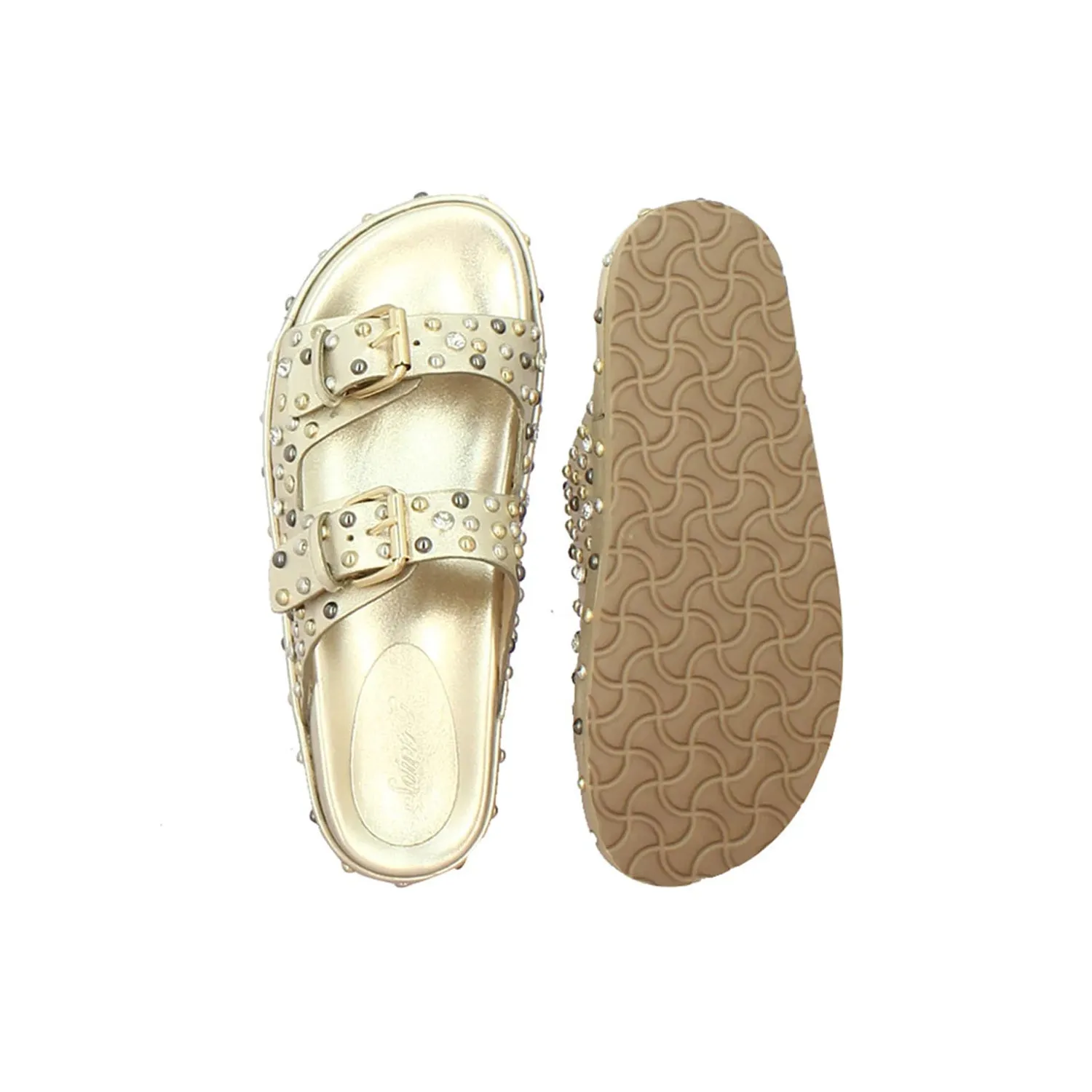 Chloe Studded Double Buckle Platin Leather Sandal