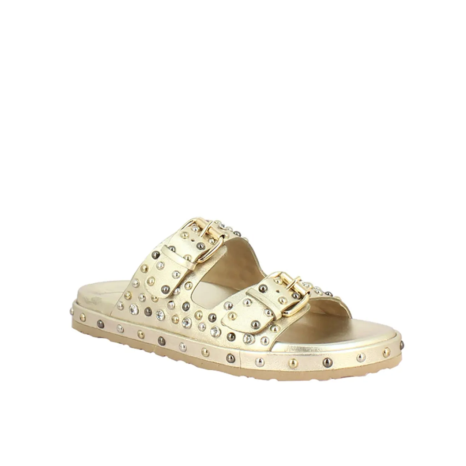 Chloe Studded Double Buckle Platin Leather Sandal