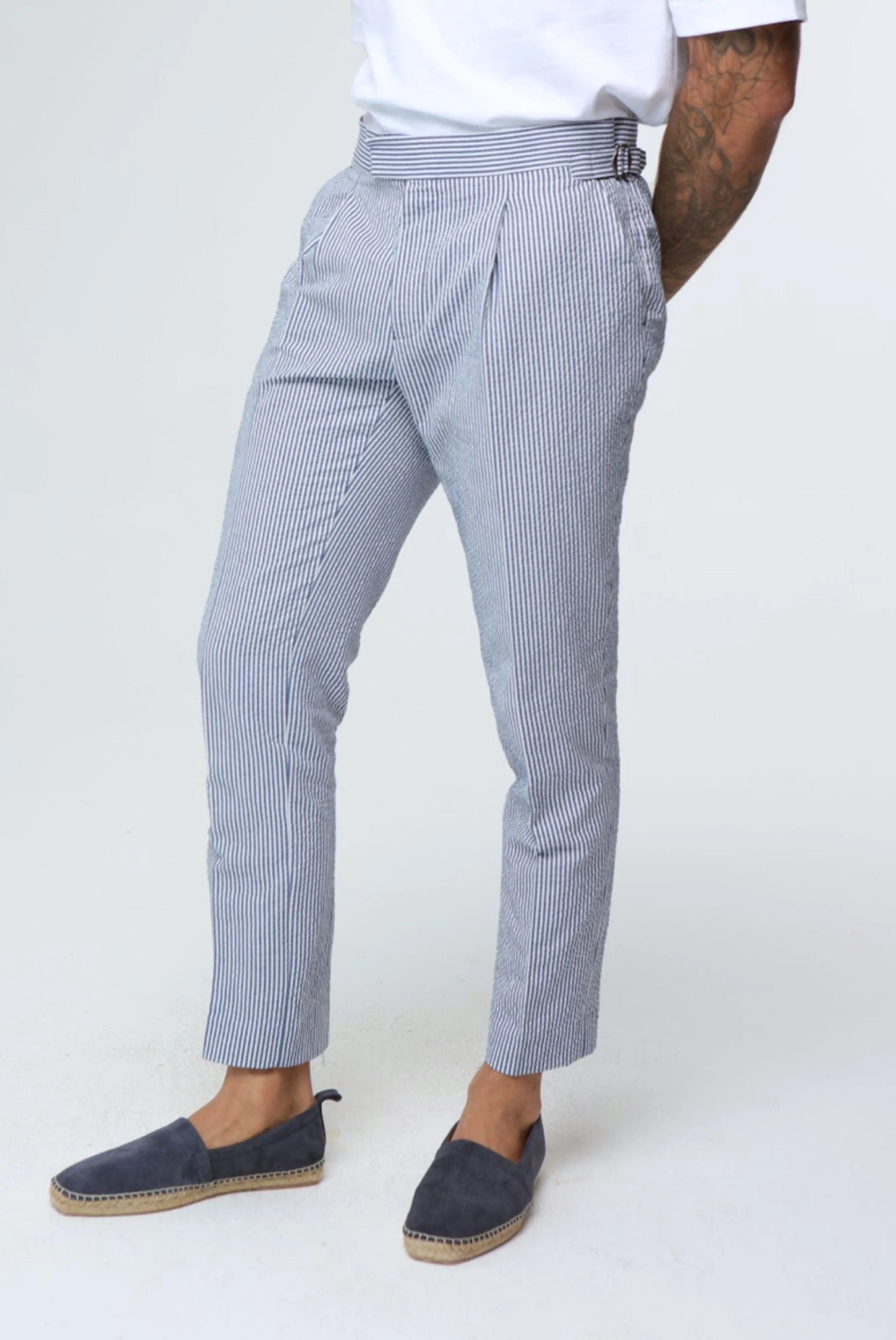 DEAKIN Cotton Linen Seersucker Trouser Blue Stripe