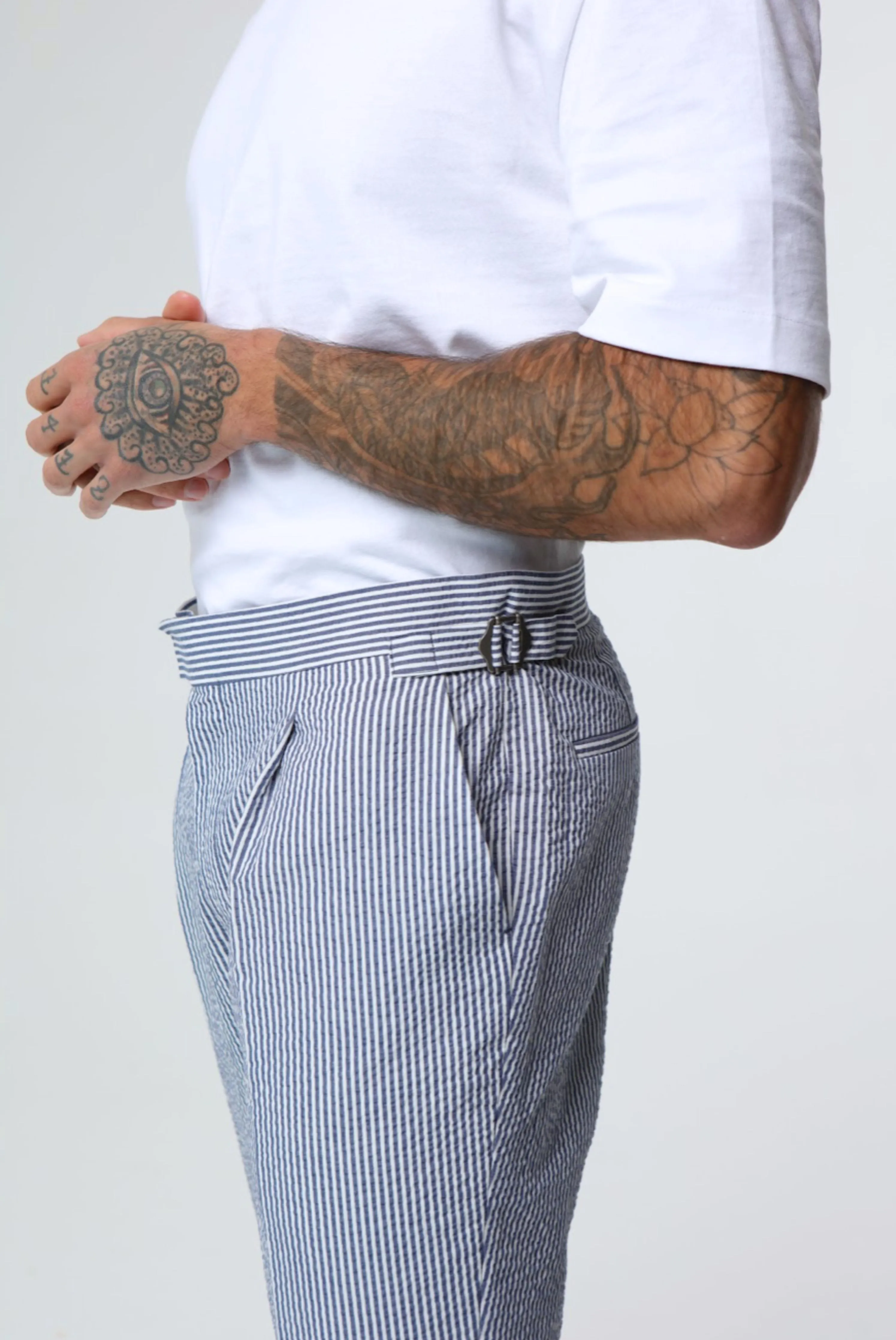 DEAKIN Cotton Linen Seersucker Trouser Blue Stripe