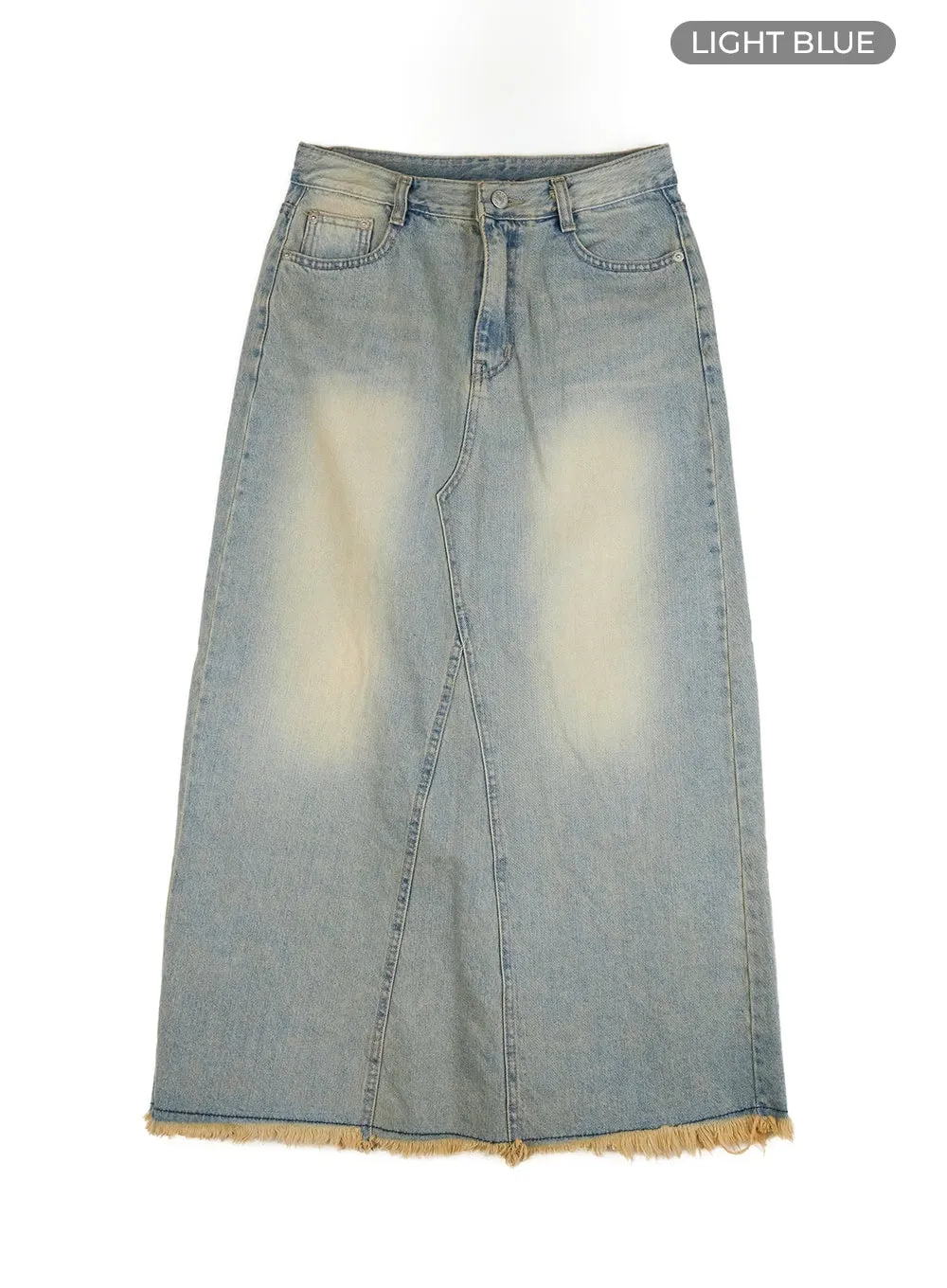 Destroyed Hem Denim Maxi Skirt CU421