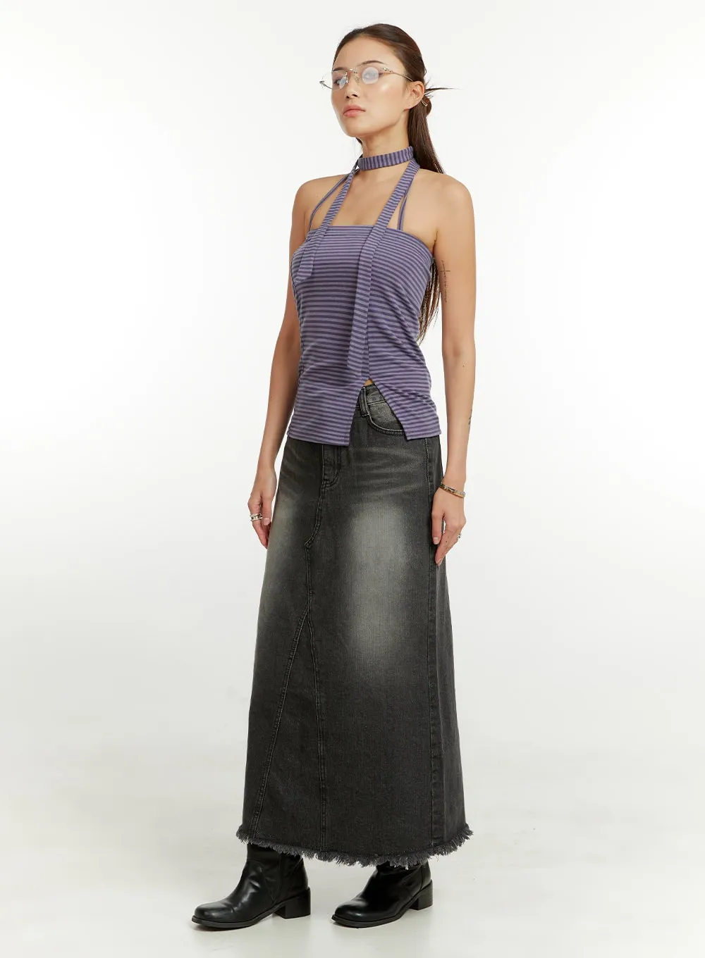 Destroyed Hem Denim Maxi Skirt CU421