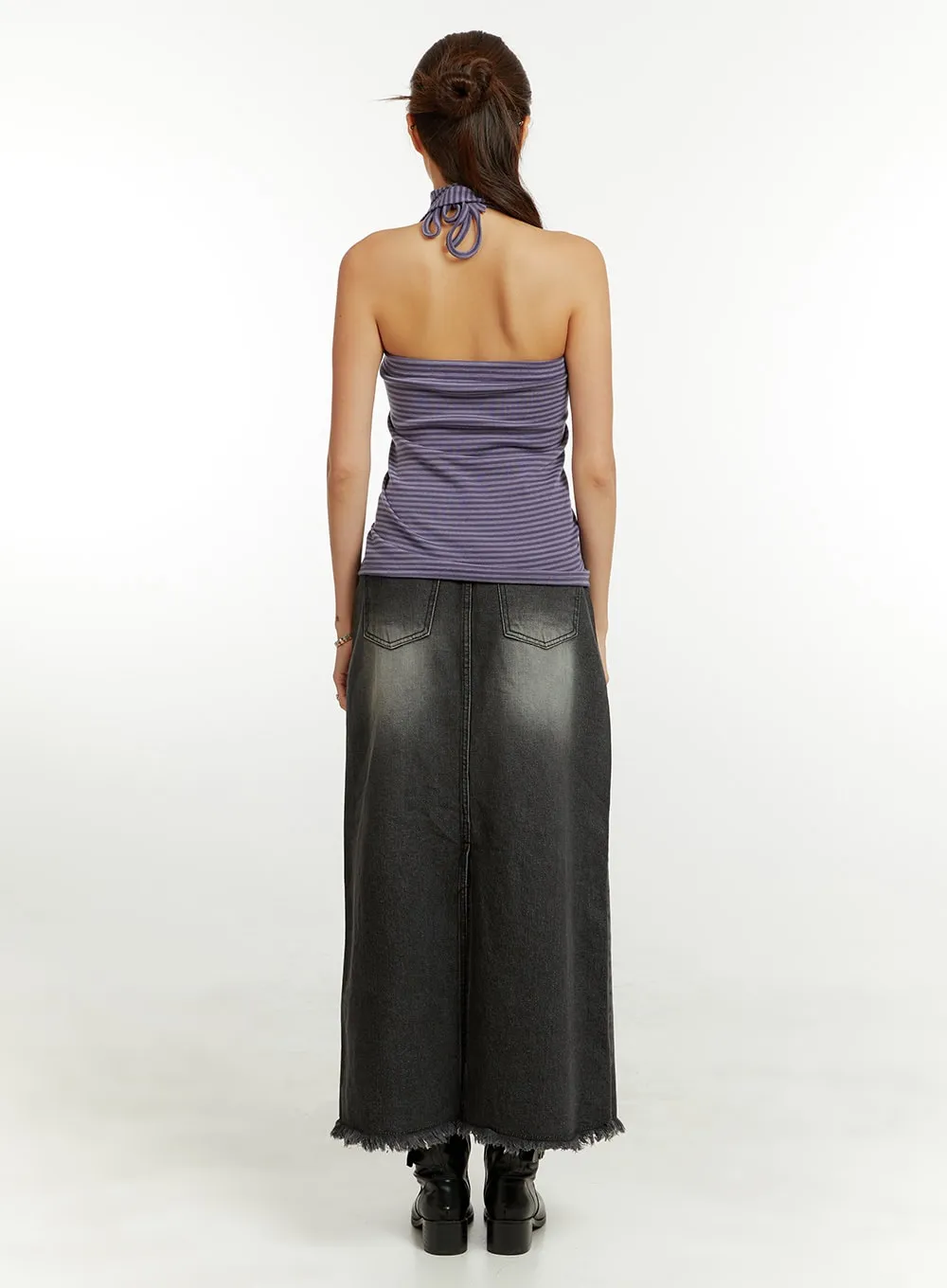 Destroyed Hem Denim Maxi Skirt CU421