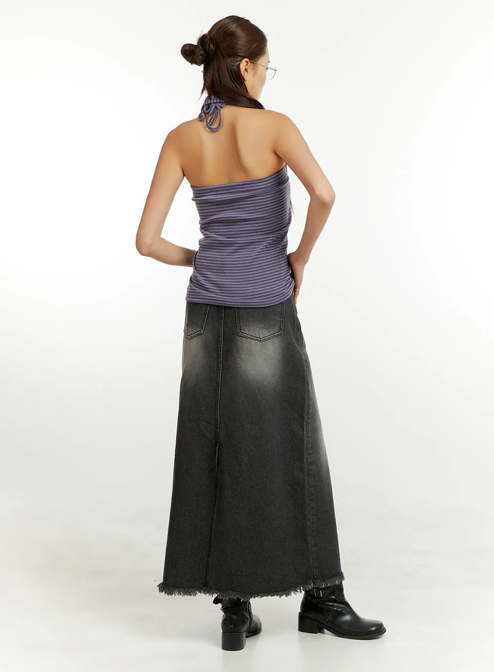 Destroyed Hem Denim Maxi Skirt CU421