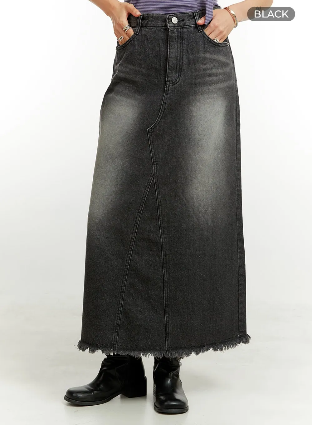 Destroyed Hem Denim Maxi Skirt CU421