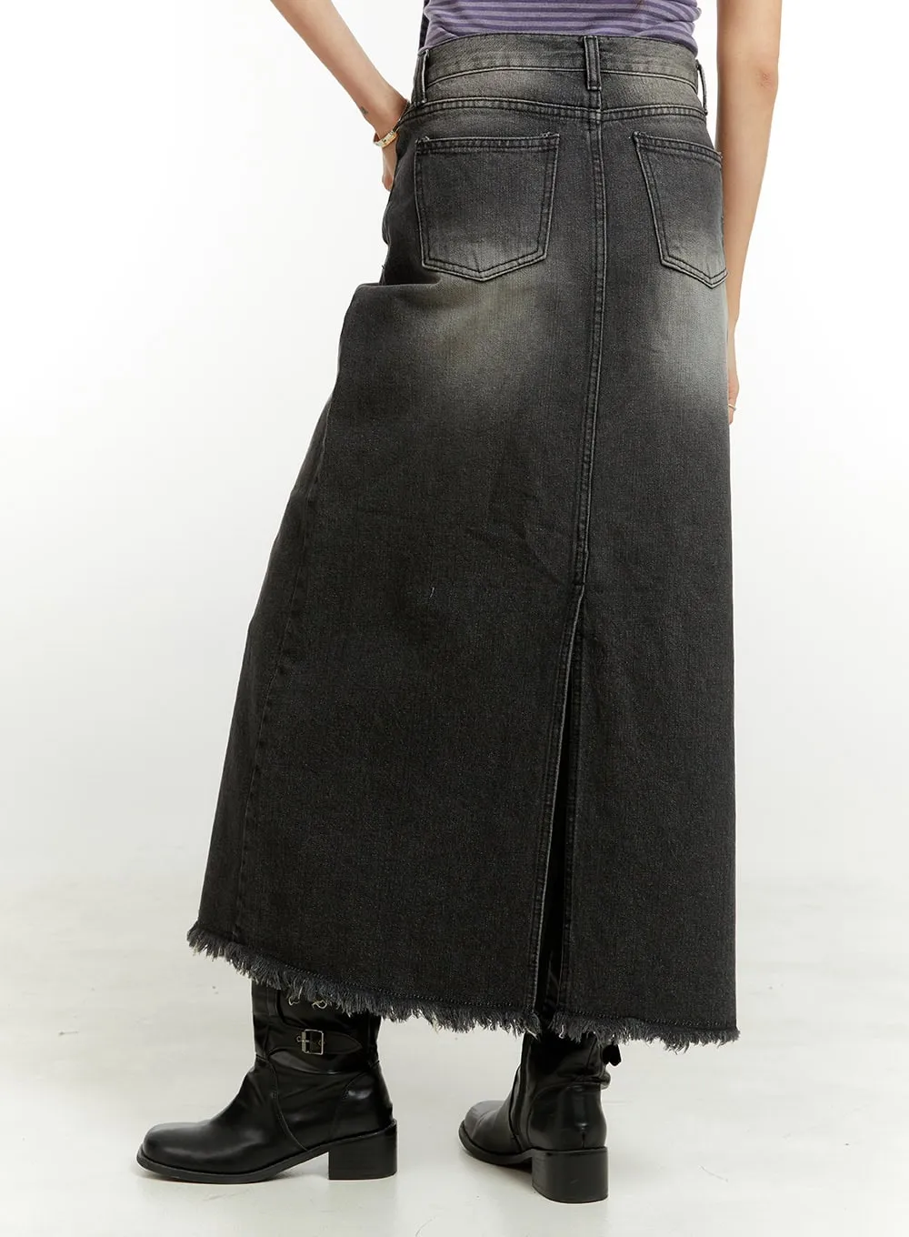 Destroyed Hem Denim Maxi Skirt CU421