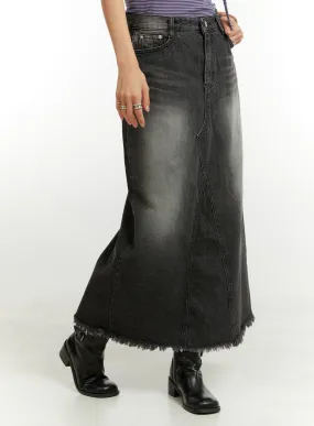 Destroyed Hem Denim Maxi Skirt CU421