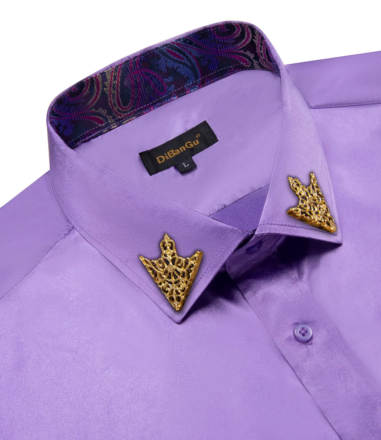 DiBanGu Collar Shirt Purple Mountain Majesty Satin Splicing Solid Button Down Mens Shirt for Business