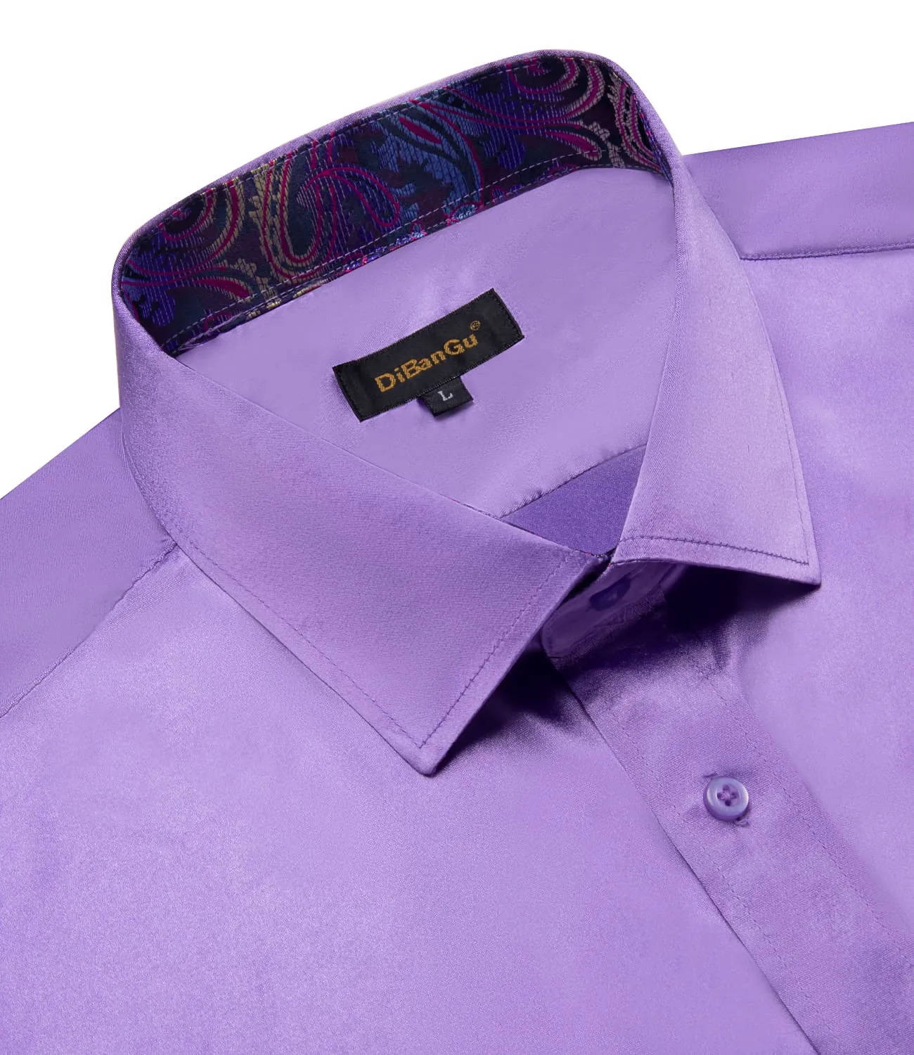 DiBanGu Collar Shirt Purple Mountain Majesty Satin Splicing Solid Button Down Mens Shirt for Business