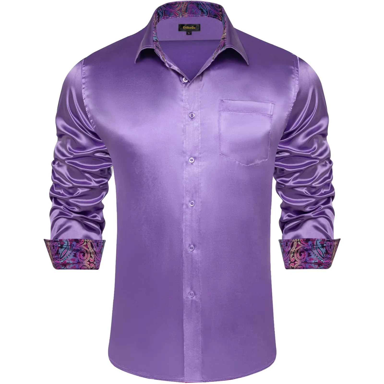 DiBanGu Collar Shirt Purple Mountain Majesty Satin Splicing Solid Button Down Mens Shirt for Business