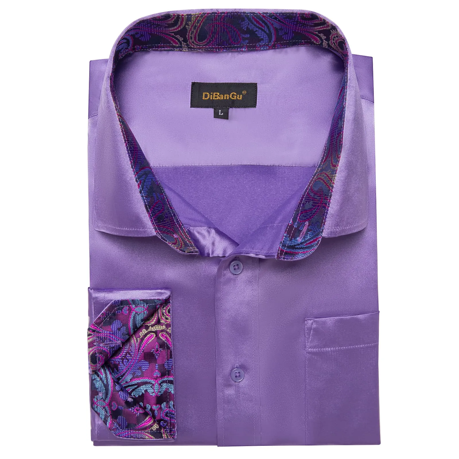 DiBanGu Collar Shirt Purple Mountain Majesty Satin Splicing Solid Button Down Mens Shirt for Business