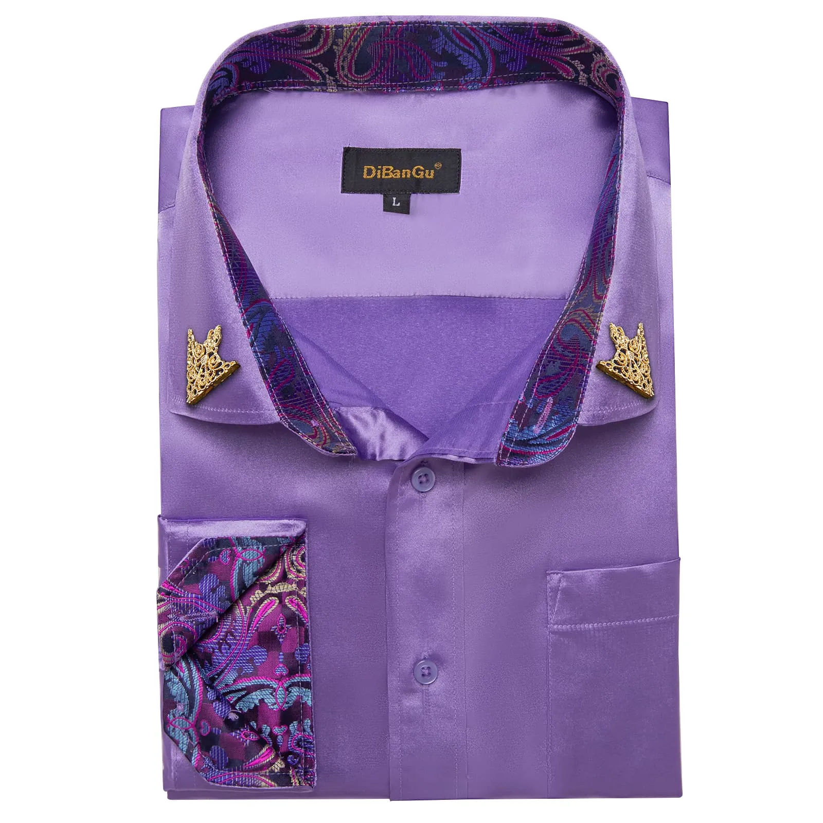 DiBanGu Collar Shirt Purple Mountain Majesty Satin Splicing Solid Button Down Mens Shirt for Business