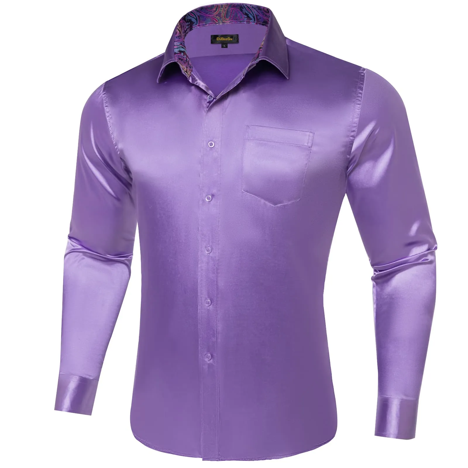 DiBanGu Collar Shirt Purple Mountain Majesty Satin Splicing Solid Button Down Mens Shirt for Business