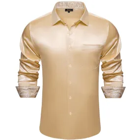 DiBanGu Tuxedo Shirt Tan Brown Solid Satin Silk Button Up Long Sleeve Shirt for Men