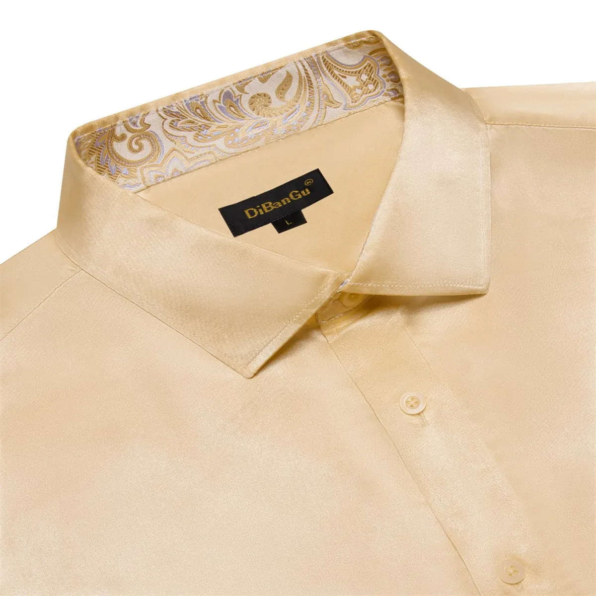 DiBanGu Tuxedo Shirt Tan Brown Solid Satin Silk Button Up Long Sleeve Shirt for Men