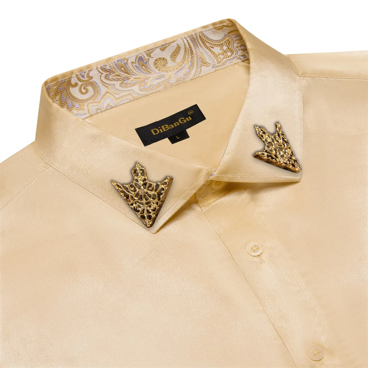 DiBanGu Tuxedo Shirt Tan Brown Solid Satin Silk Button Up Long Sleeve Shirt for Men