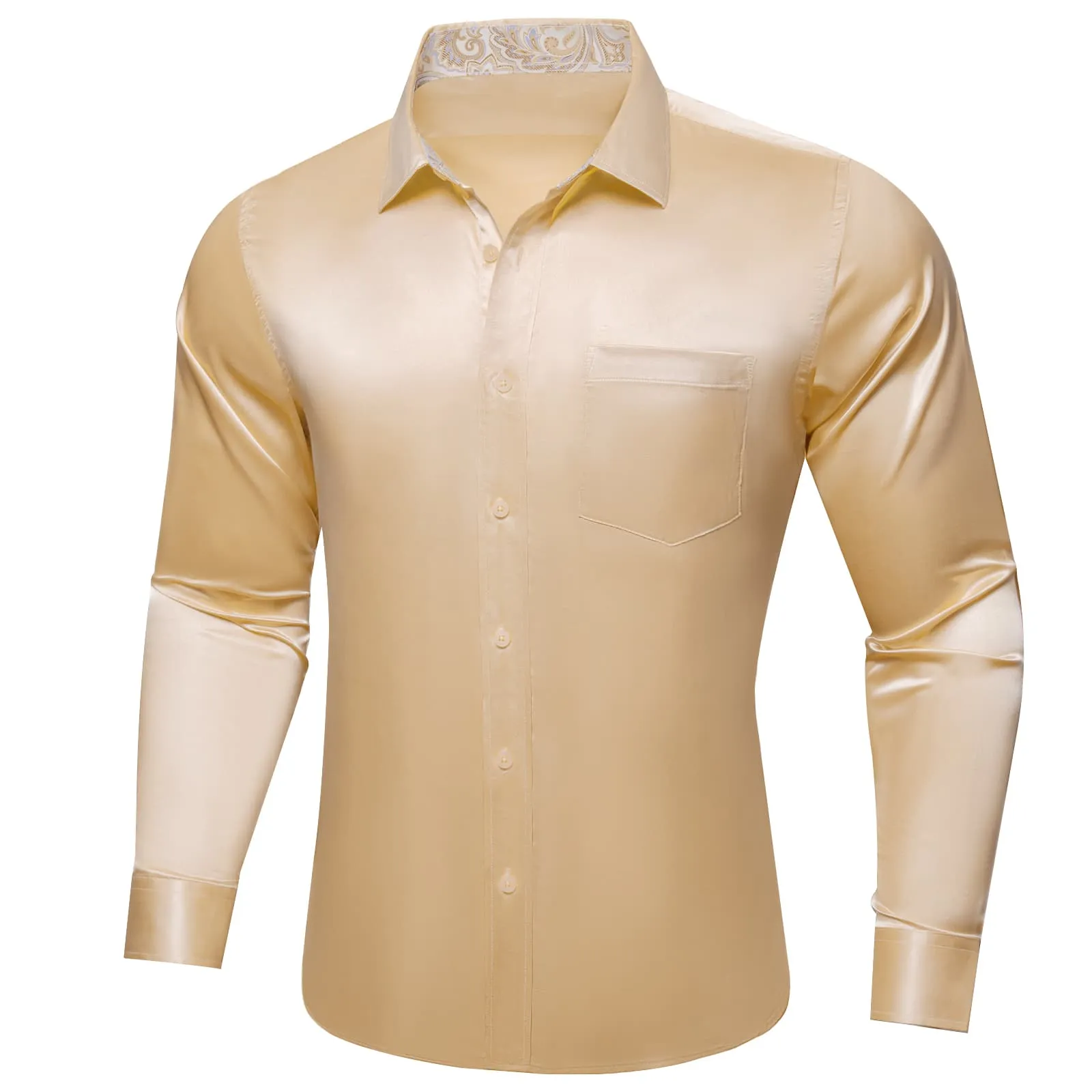 DiBanGu Tuxedo Shirt Tan Brown Solid Satin Silk Button Up Long Sleeve Shirt for Men