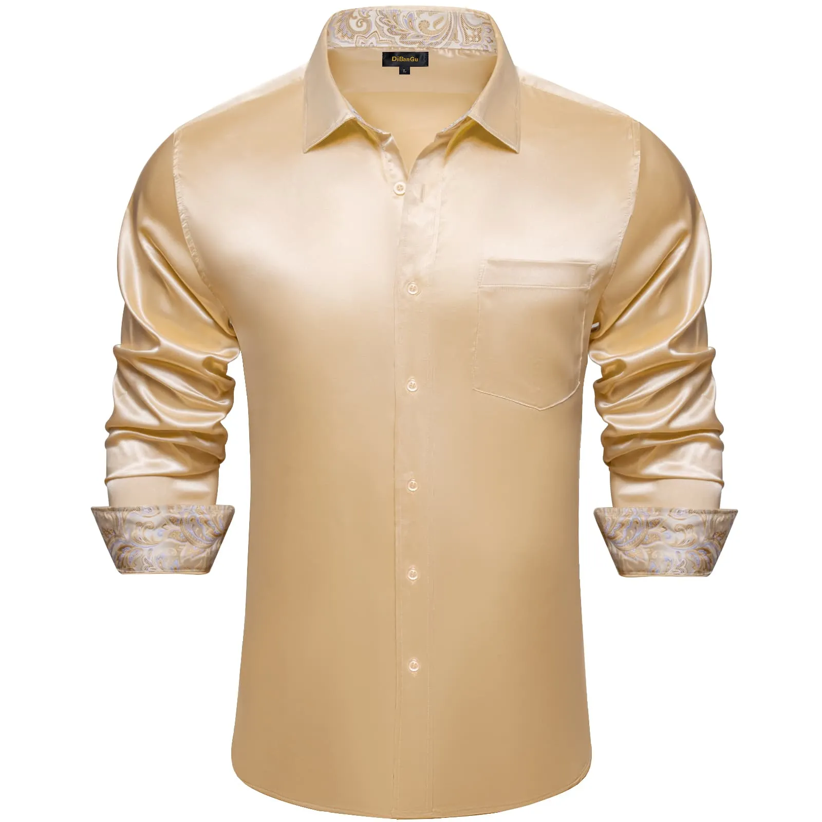 DiBanGu Tuxedo Shirt Tan Brown Solid Satin Silk Button Up Long Sleeve Shirt for Men