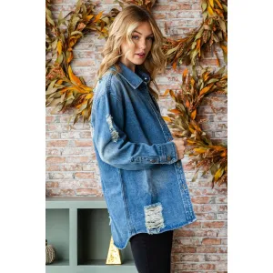 Distressed Denim Shirts Jacket: Medium Wash