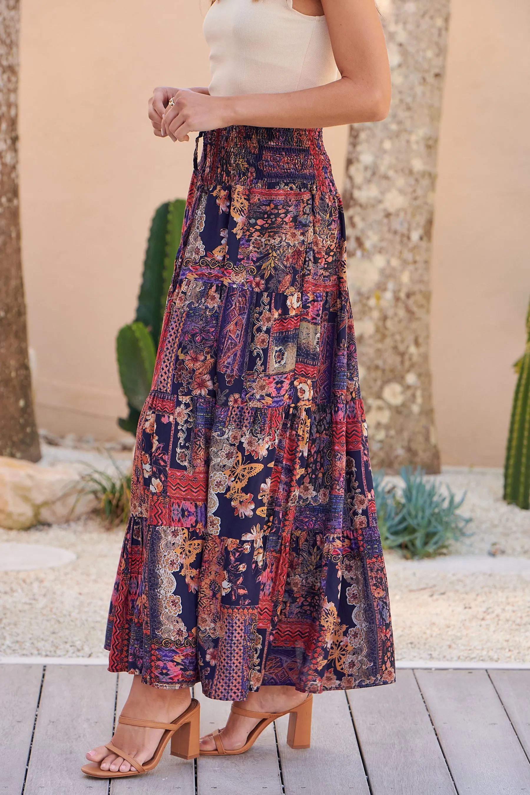 Fleur Navy/Pink Bohemian Print Maxi Skirt