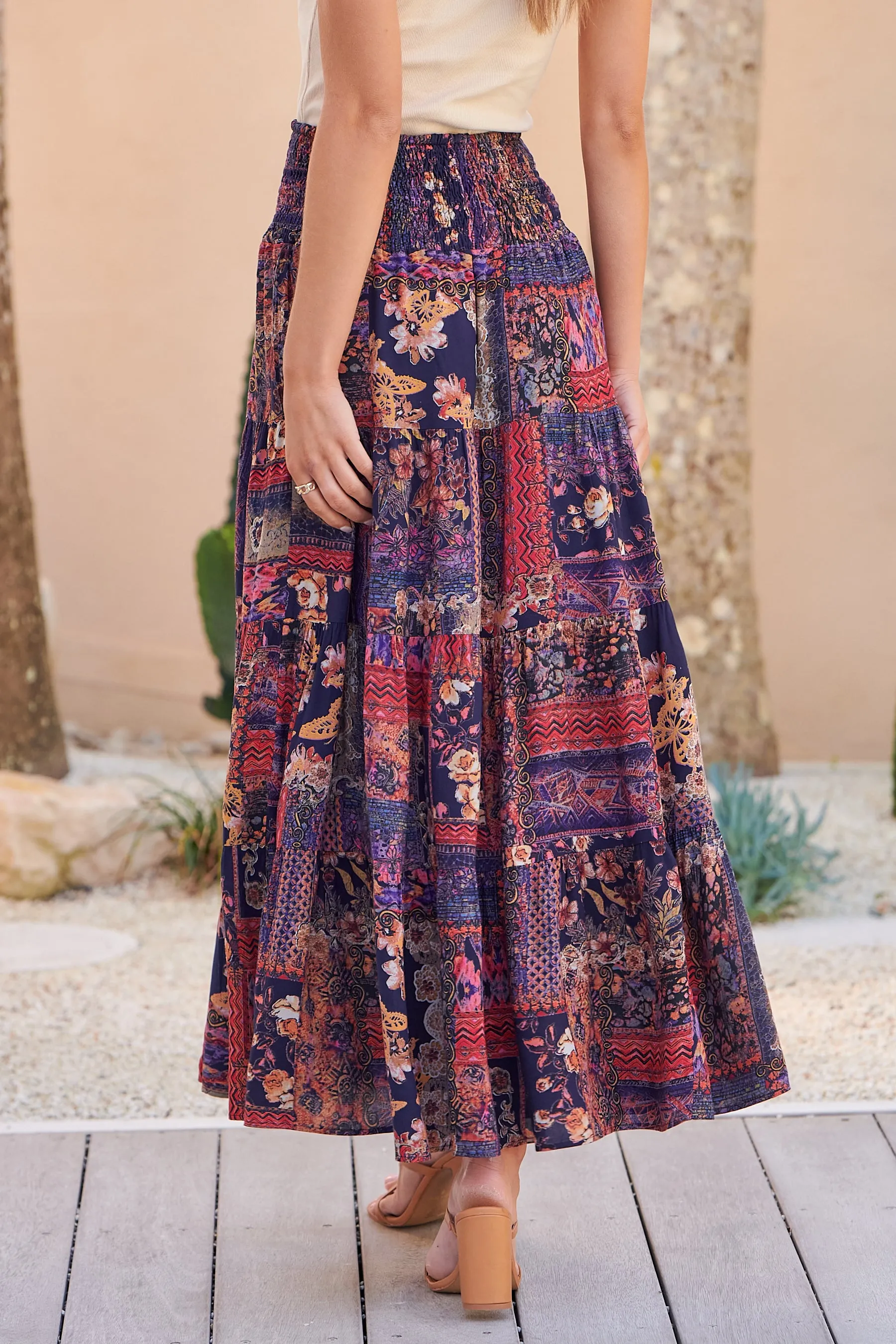 Fleur Navy/Pink Bohemian Print Maxi Skirt