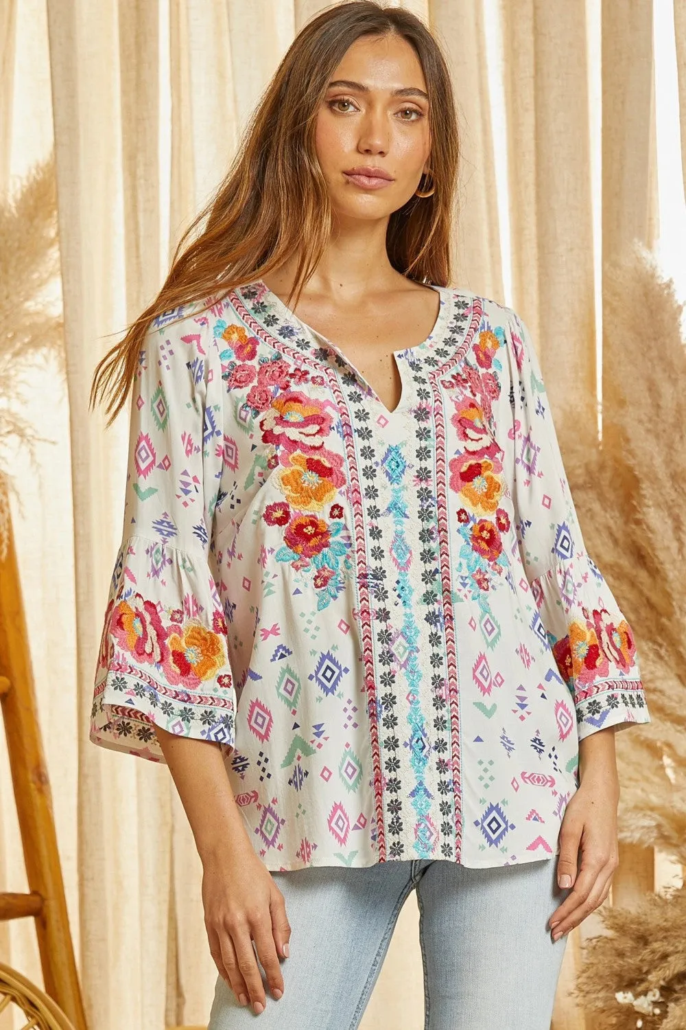 Floral Embroidered Geometric Blouse