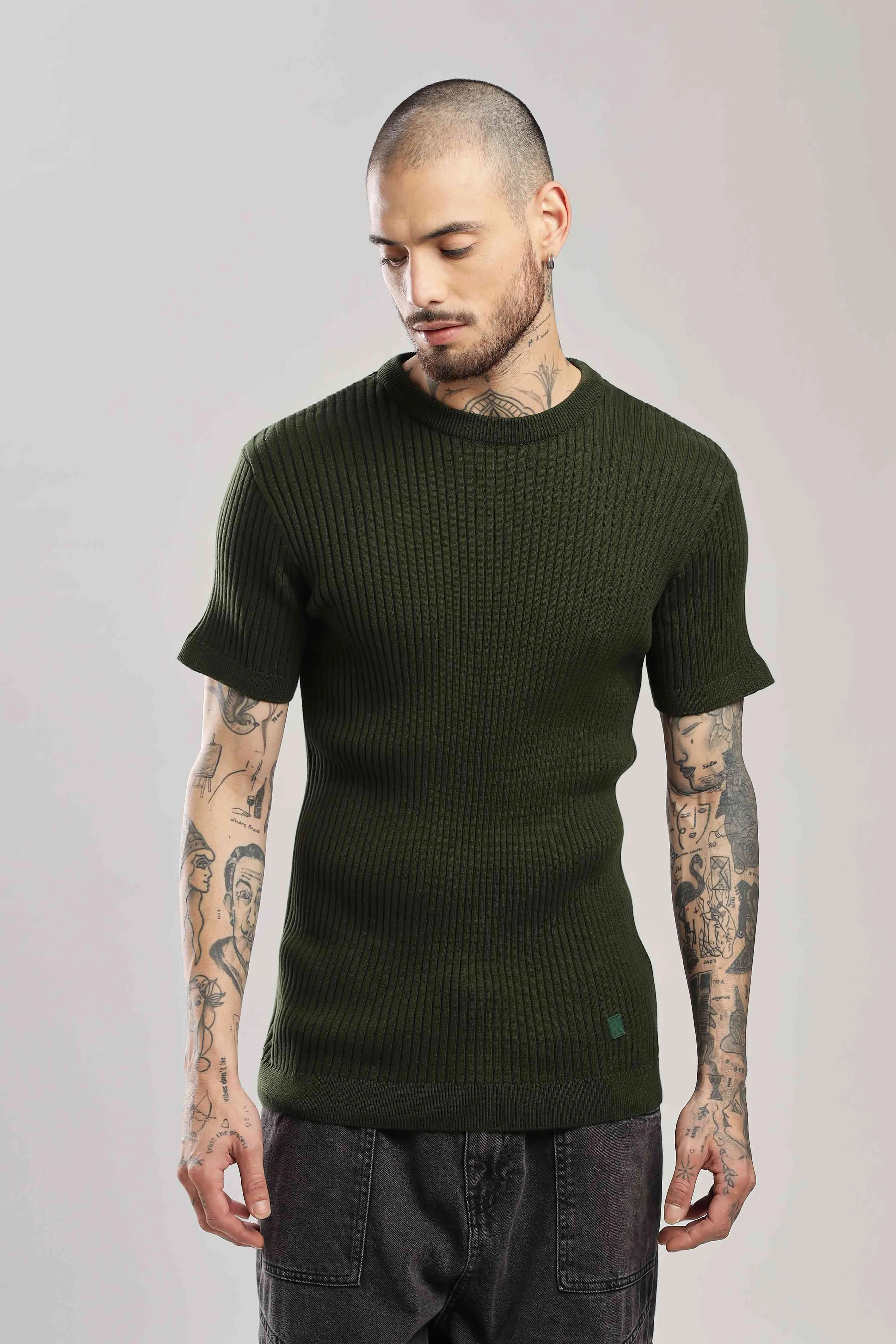 Forest Green Textured Knitted T-shirt