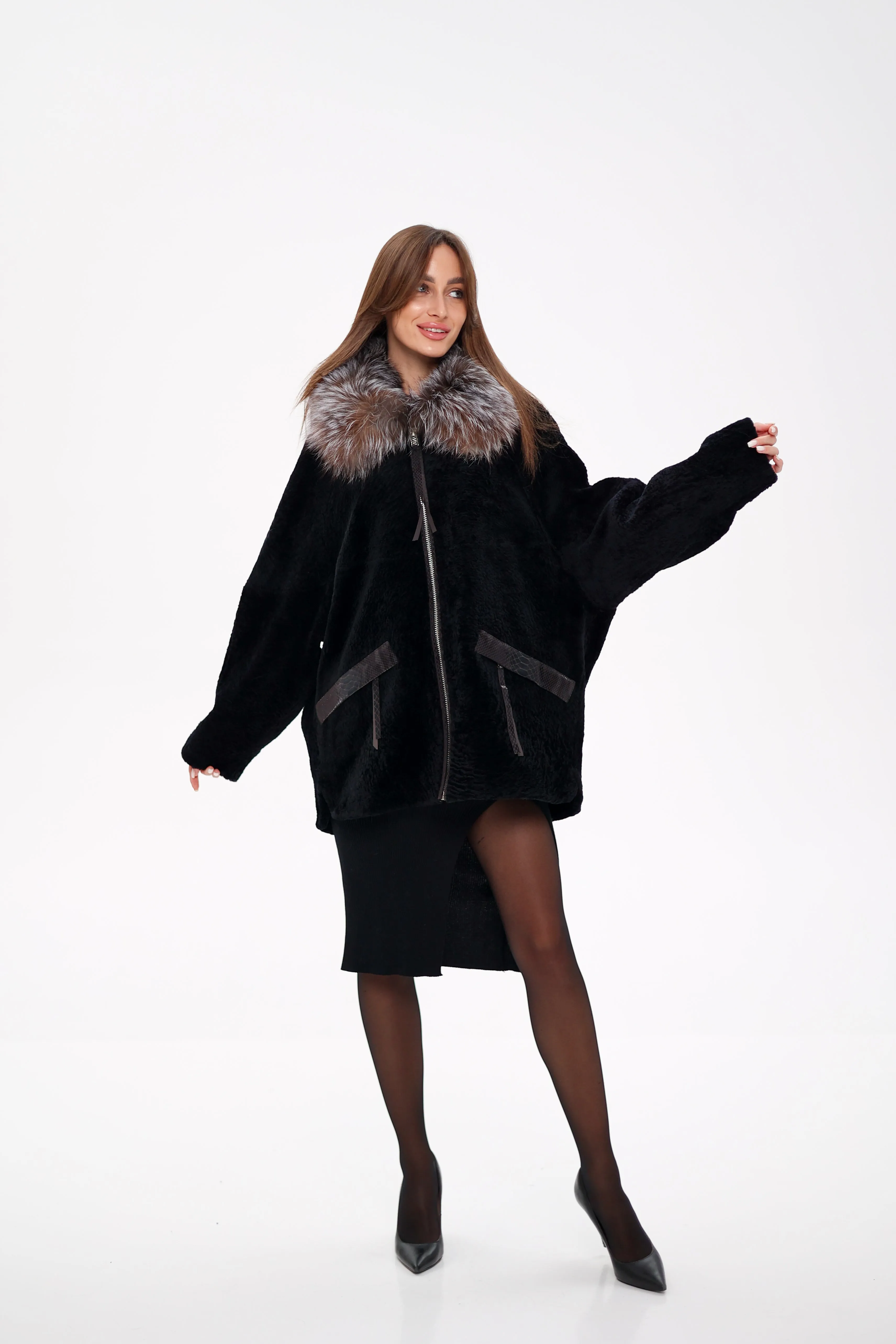 Genuine Shearling Silver Fox Trim Jacket