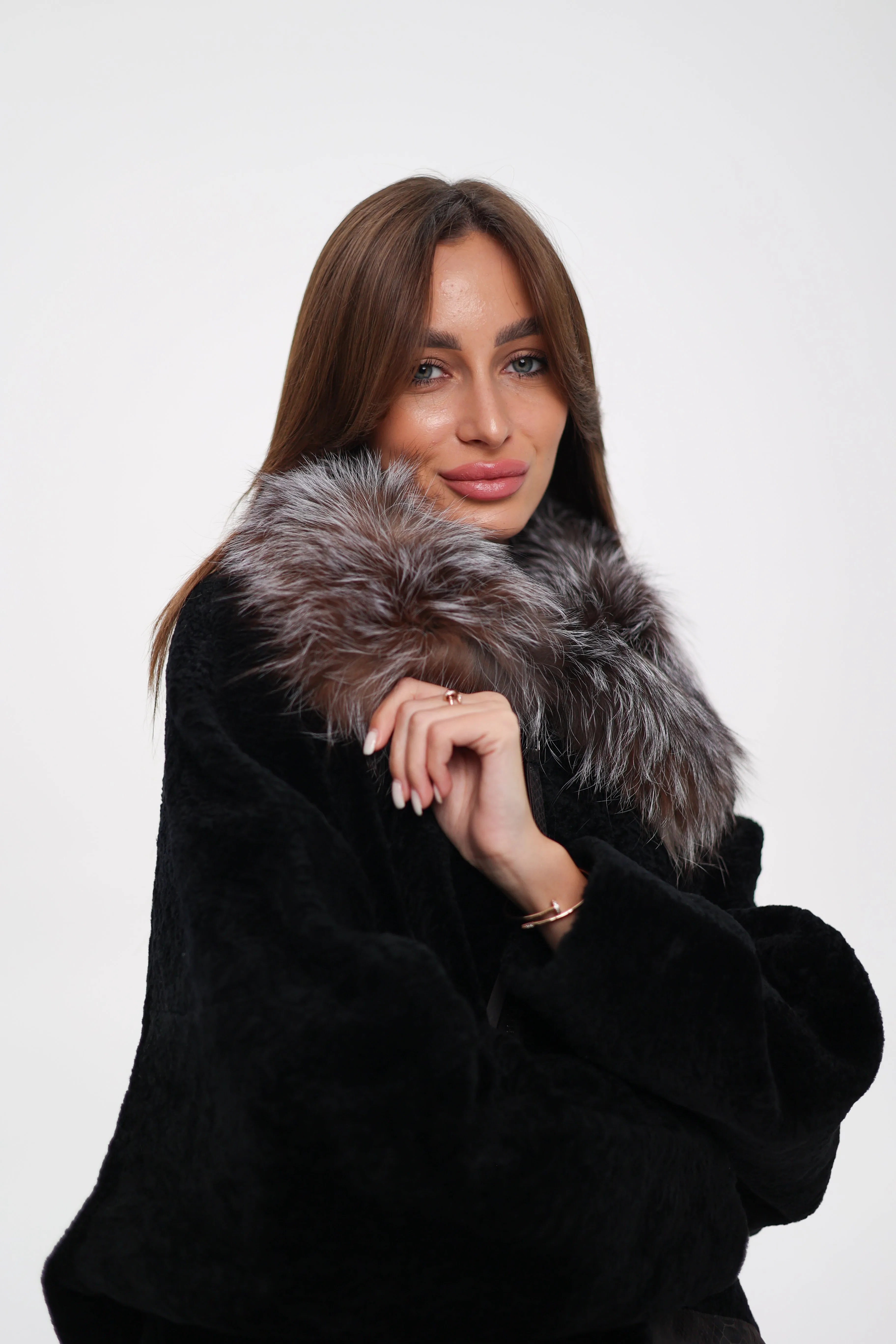 Genuine Shearling Silver Fox Trim Jacket