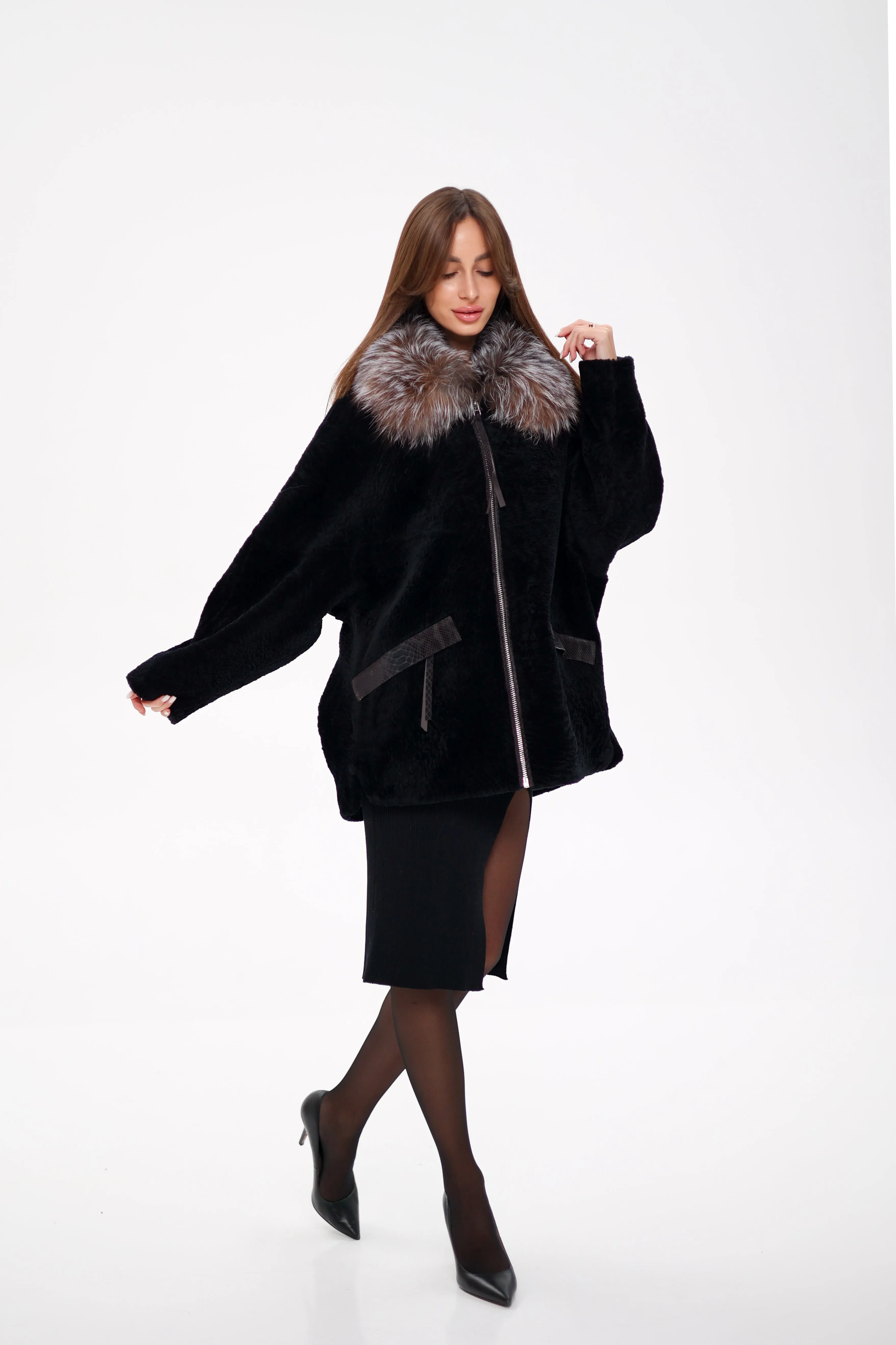 Genuine Shearling Silver Fox Trim Jacket