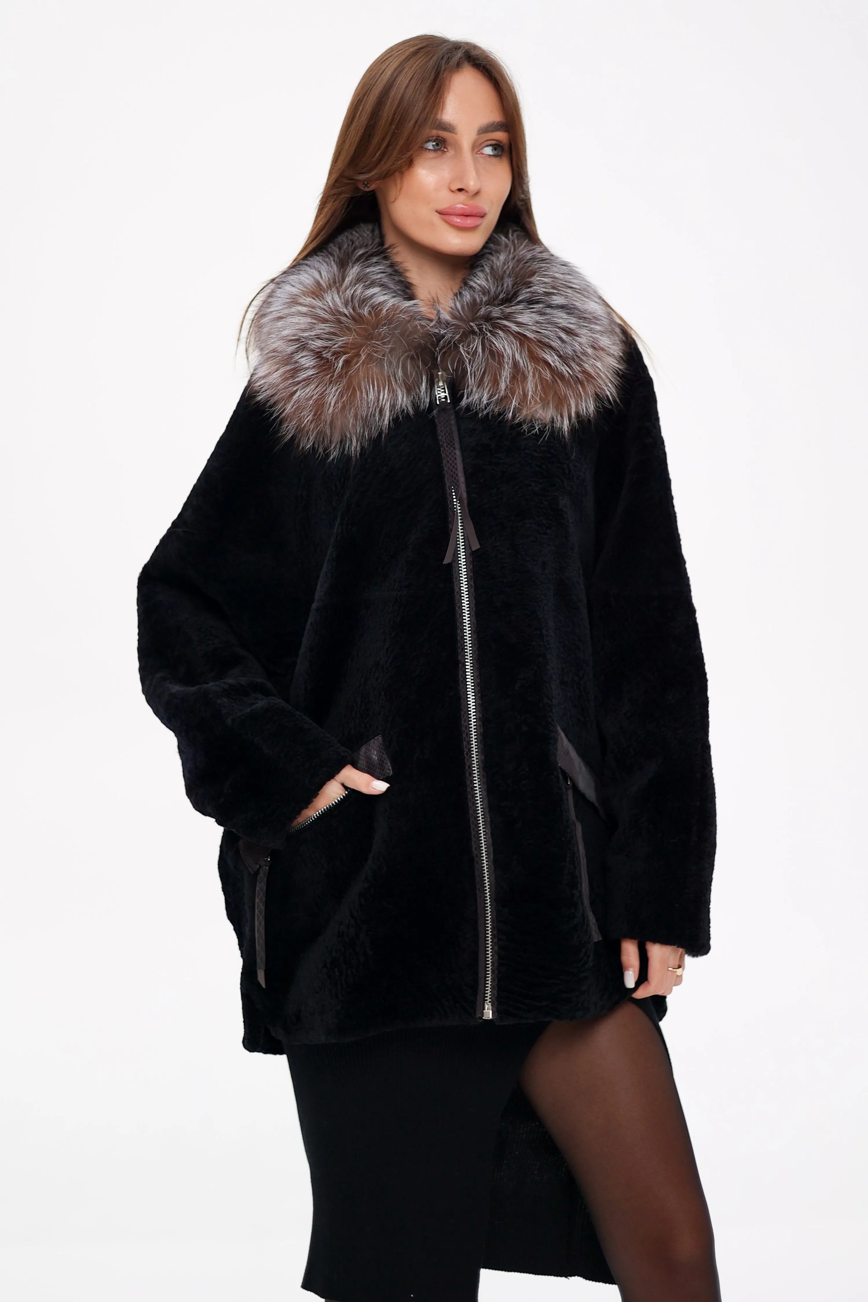 Genuine Shearling Silver Fox Trim Jacket