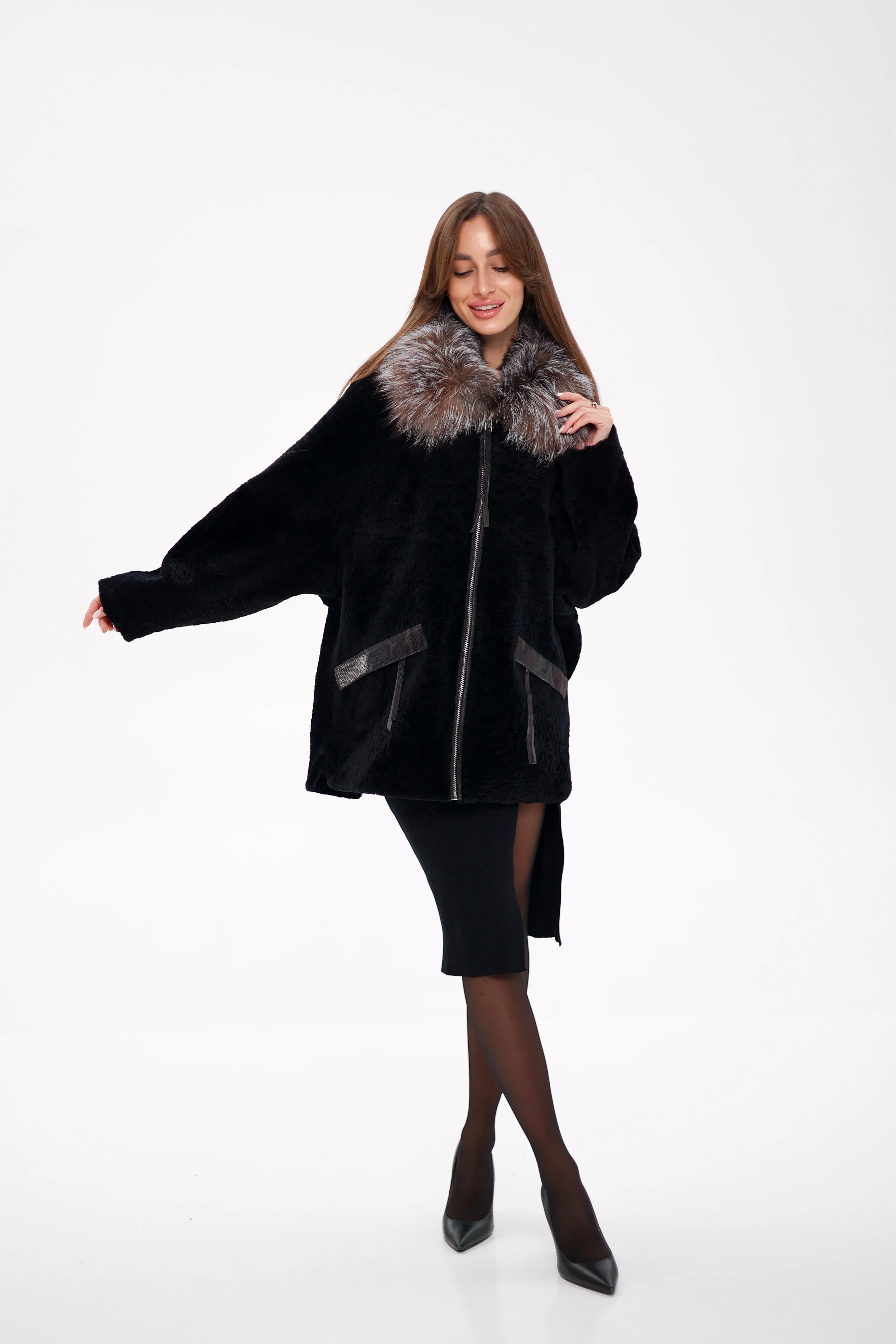 Genuine Shearling Silver Fox Trim Jacket