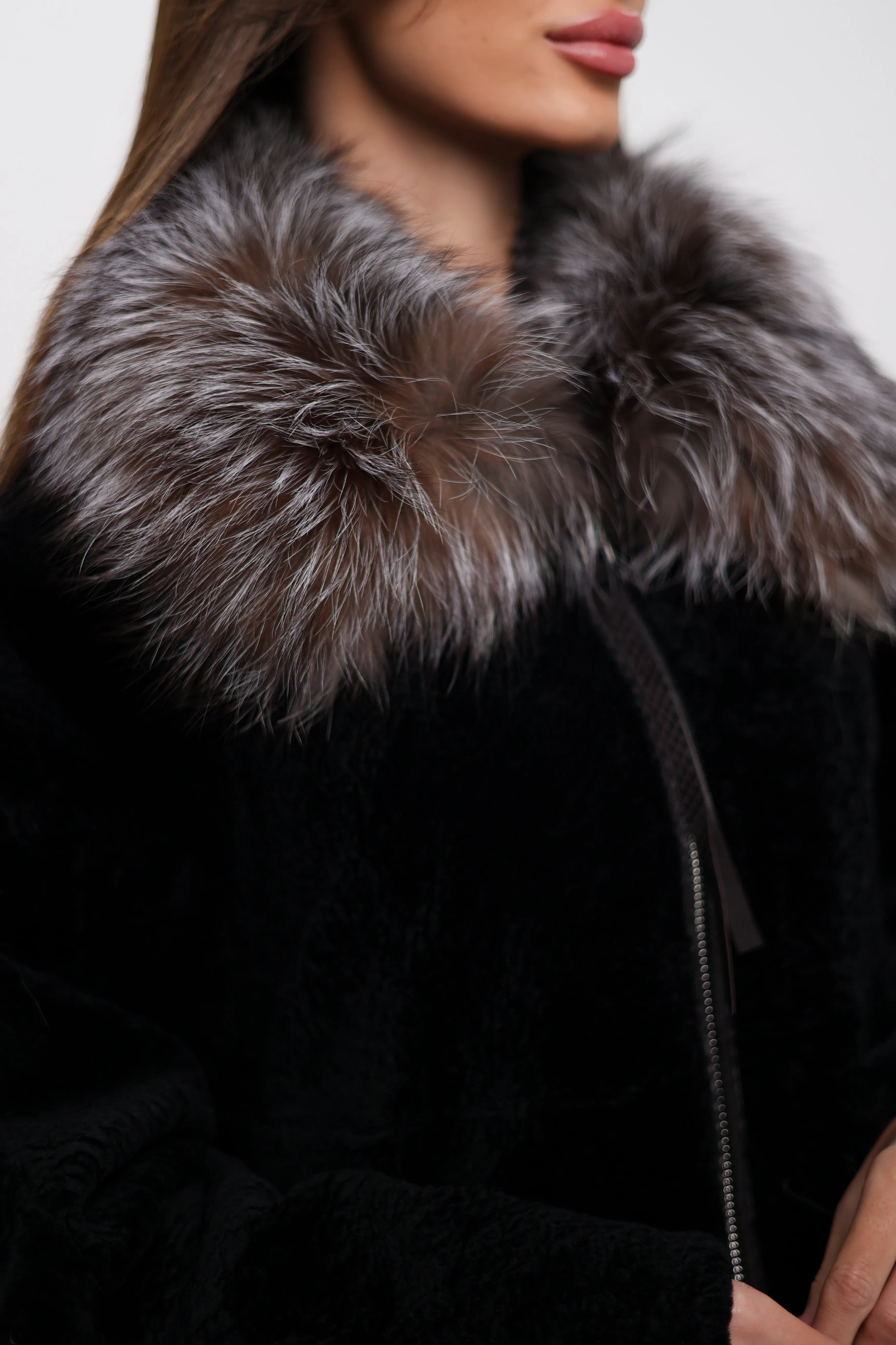 Genuine Shearling Silver Fox Trim Jacket