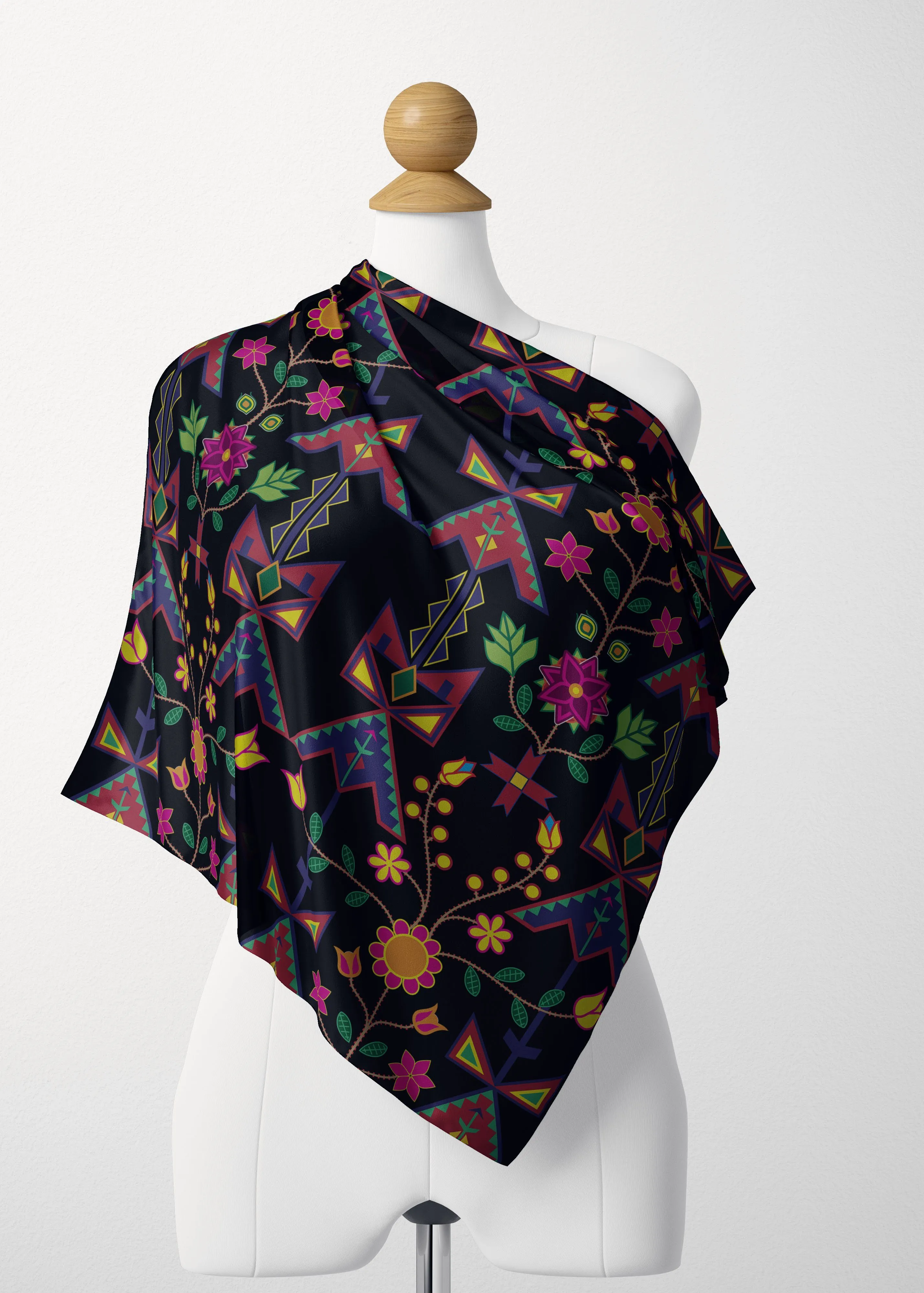 Geometric Floral Spring Black Satin Shawl