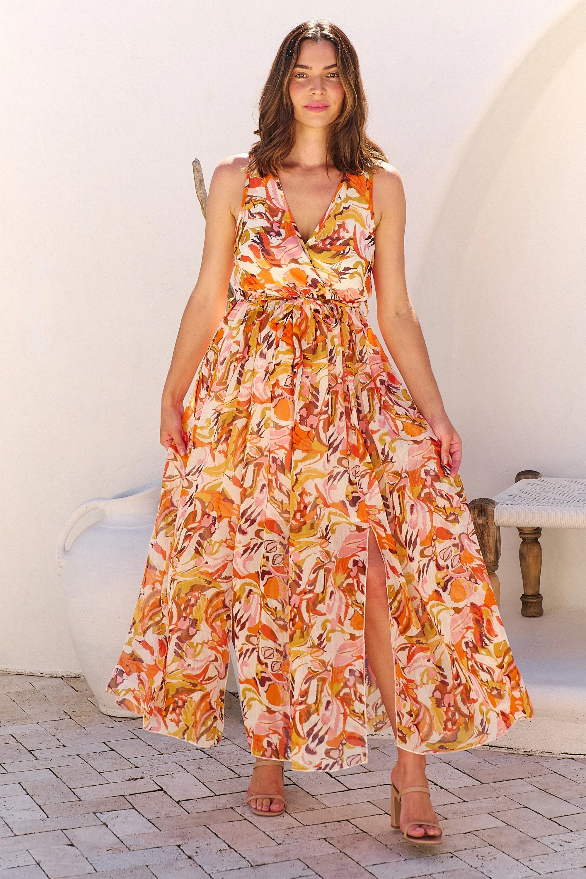 Gillian Orange/Brown/Mustard Print Maxi Dress