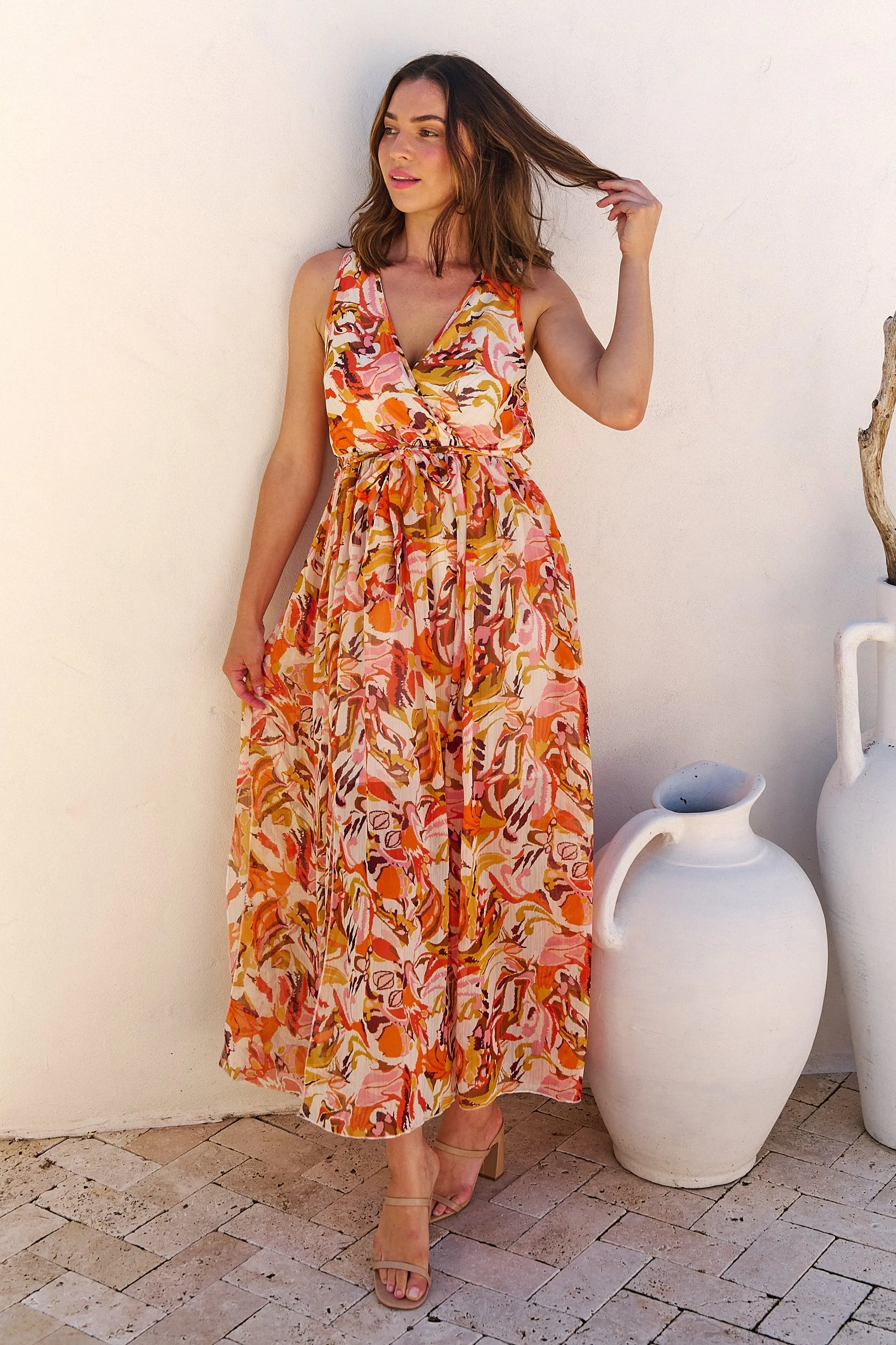 Gillian Orange/Brown/Mustard Print Maxi Dress