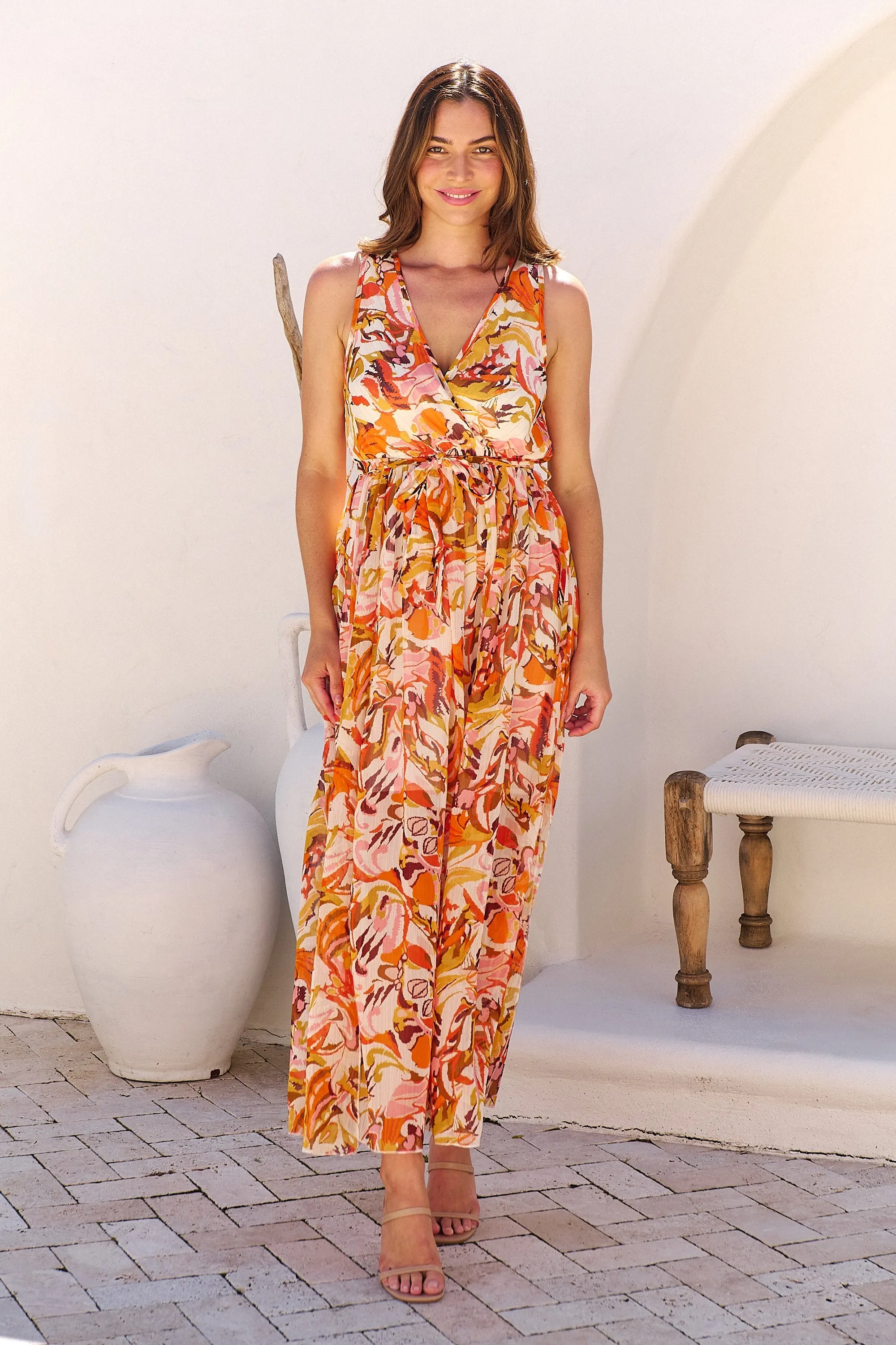 Gillian Orange/Brown/Mustard Print Maxi Dress