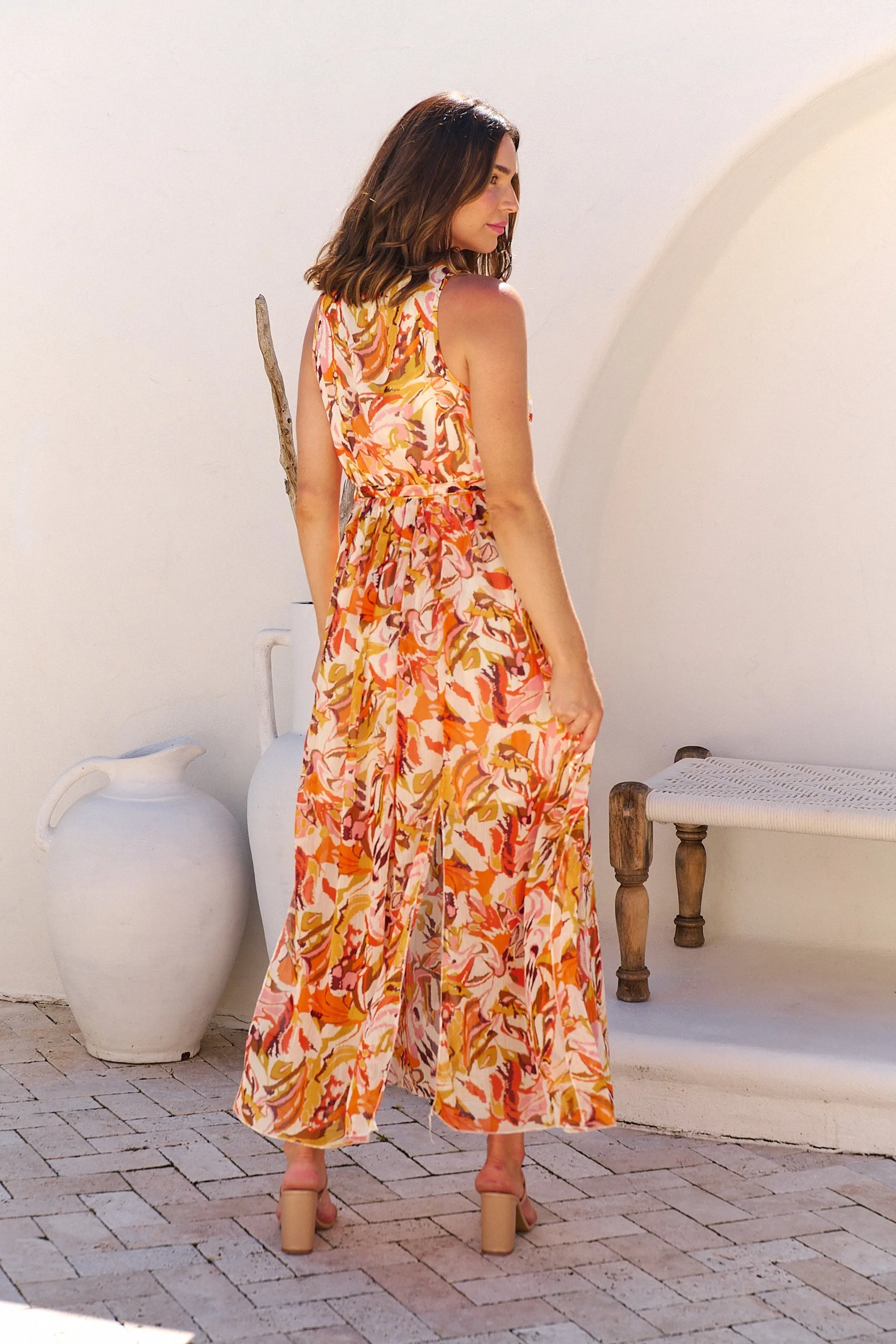 Gillian Orange/Brown/Mustard Print Maxi Dress