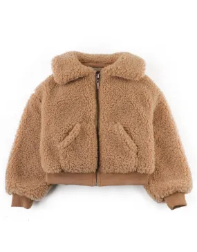 GIRLS FAUX SHEARLING BOMBER JACKET WITH RIBBED HEM AND CUFFS